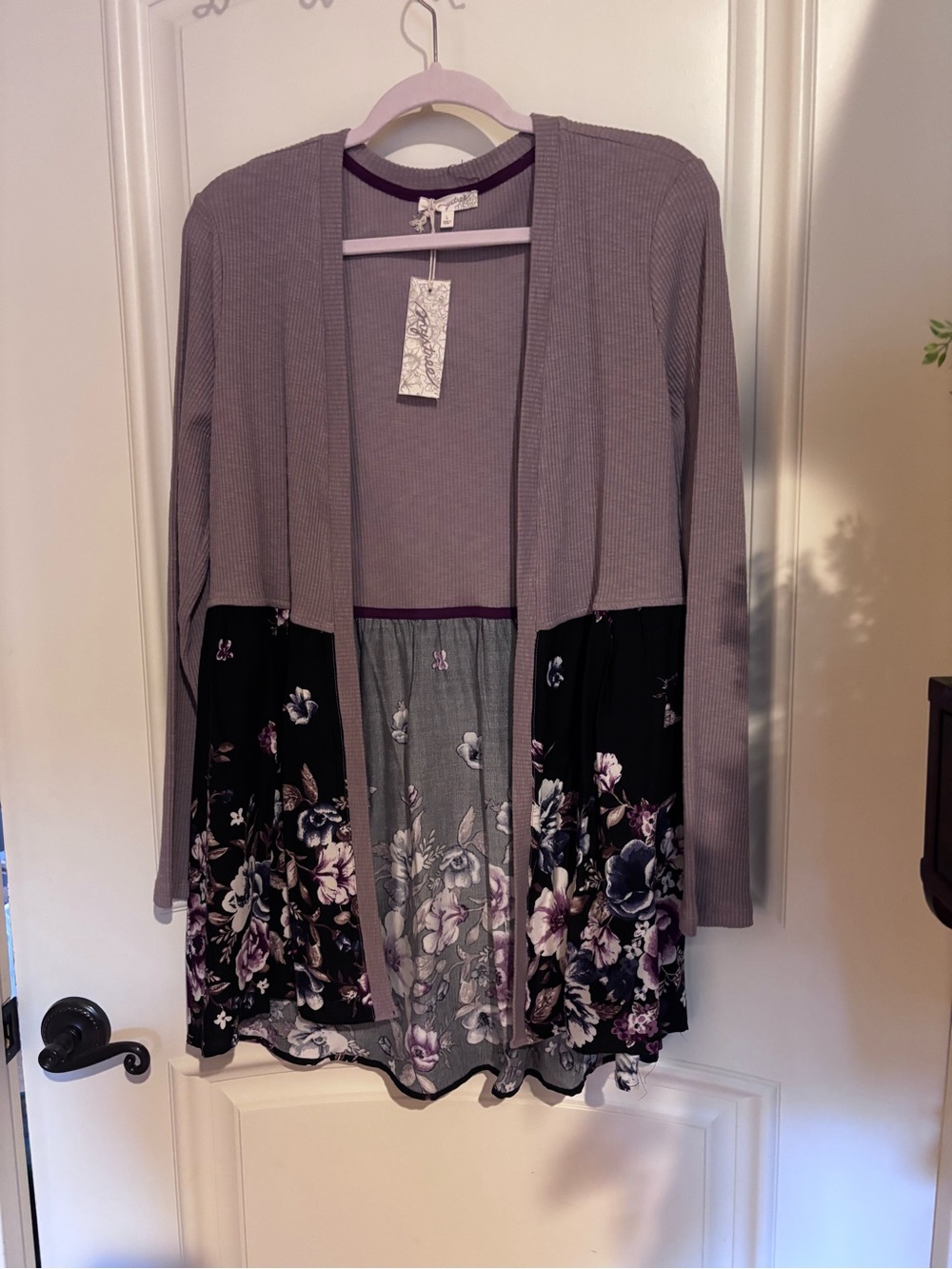 Mystree Lavender Open-Front Cardigan with Floral Hem